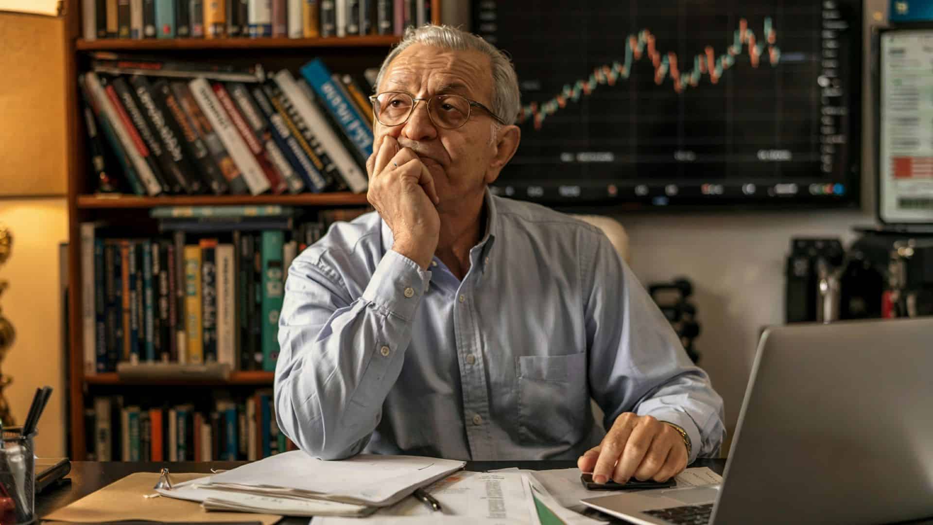 Homem idoso pensativo com gráfico de criptomoedas ao fundo