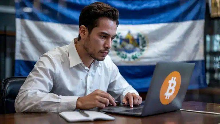 Homem mexendo em computador com símbolo do bitcoin e bandeira de El Salvador ao fundo
