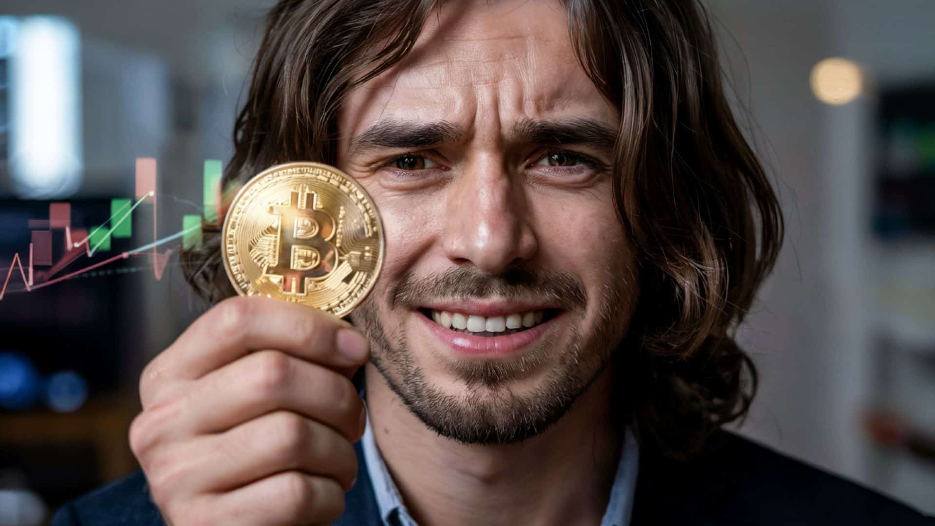 Homem segurando bitcoin com um sorriso tímido com gráficos de realidade virtual ao seu lado