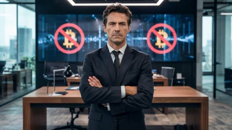 Investidor chateado, com placas de proibido bitcoin ao fundo em escritório