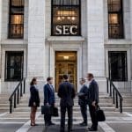 Investidores reunidos na porta da SEC