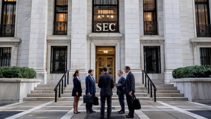 Investidores reunidos na porta da SEC