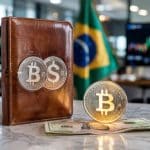 Livro com imagem de Bitcoin e Dólar sobre mesa, próximo de moeda simbólica do bitcoin sobre notas de dólares, bandeira do Brasil ao fundo