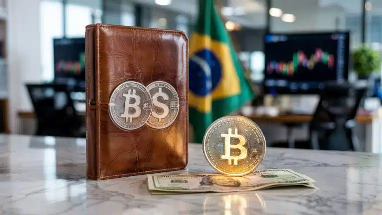 Livro com imagem de Bitcoin e Dólar sobre mesa, próximo de moeda simbólica do bitcoin sobre notas de dólares, bandeira do Brasil ao fundo