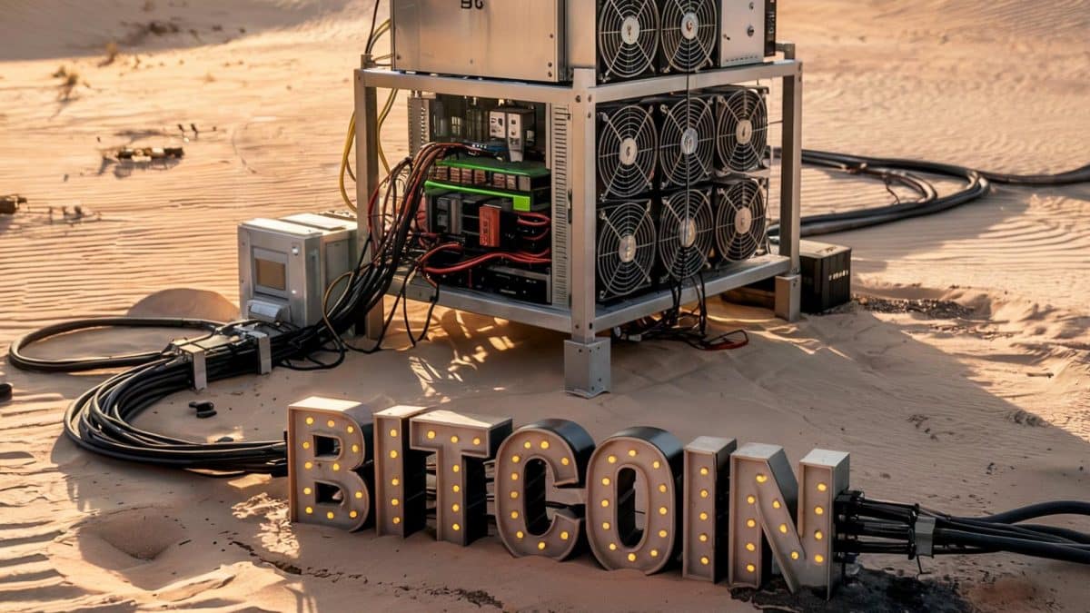 Máquina de mineração de bitcoin no meio de deserto