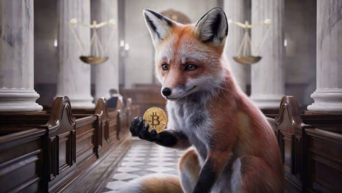 Raposa em tribunal segurando bitcoin justiça foxbit