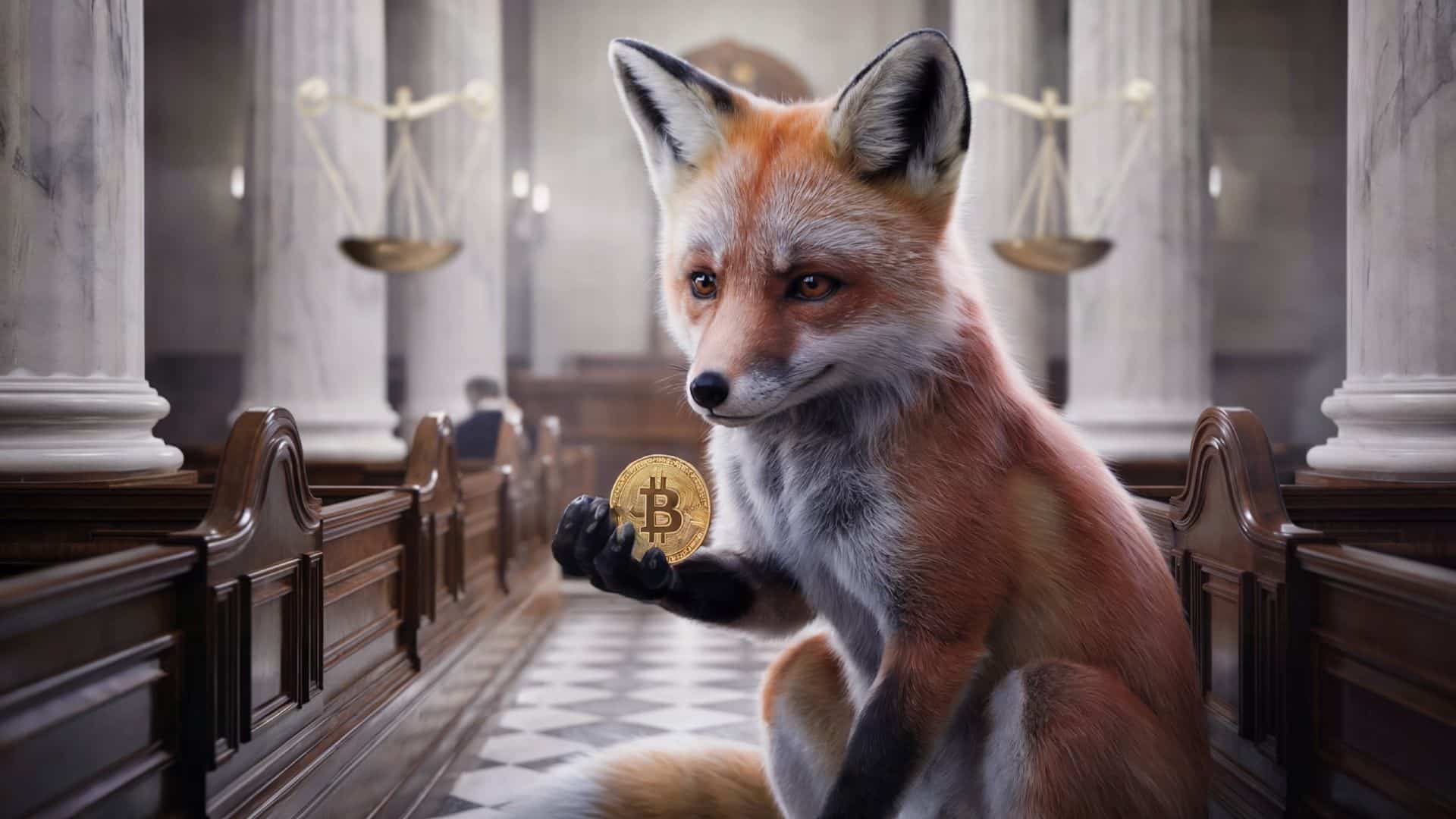 Raposa em tribunal segurando bitcoin justiça foxbit