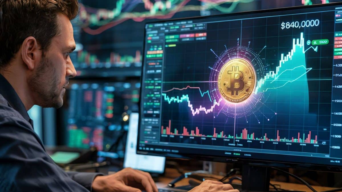 Trader observa o gráfico do preço do bitcoin com cores em volta da imagem da moeda