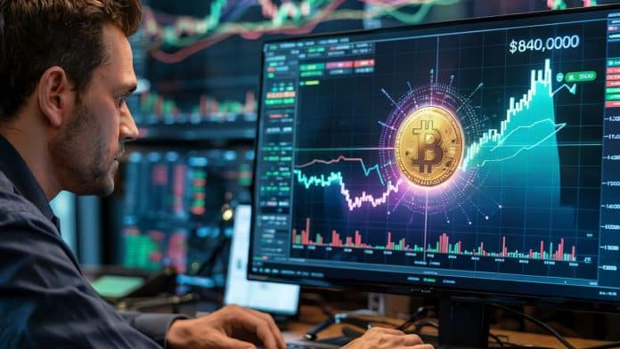 Trader observa o gráfico do preço do bitcoin com cores em volta da imagem da moeda