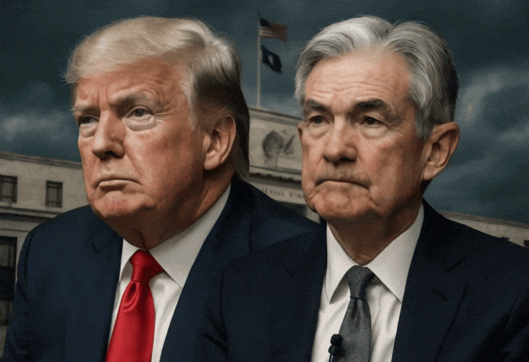 Trump vs Jerome (imagem gerada por IA, Livecoins)