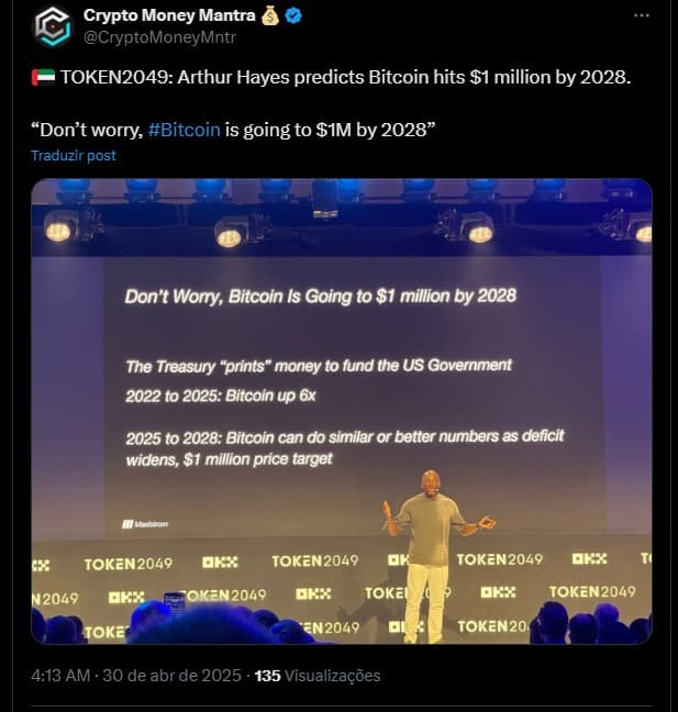 Comunidade captura momento em que Arthur Hayes diz que Bitcoin chegará a US$ 1 milhão. Fonte: X/Reprodução.
