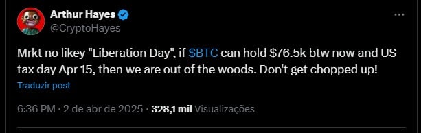 Arthur Hayes, fundador da BitMex, sobre impacto das tarifas de Trump. Fonte: X.