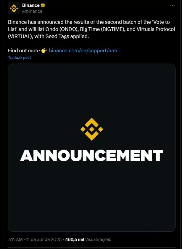 Anúncio de listagem da Binance ligado à campanha 'vote para listar'. Fonte: X.