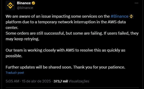 Binance relata problemas em sua plataforma devido à falha na AWS. Fonte: X.
