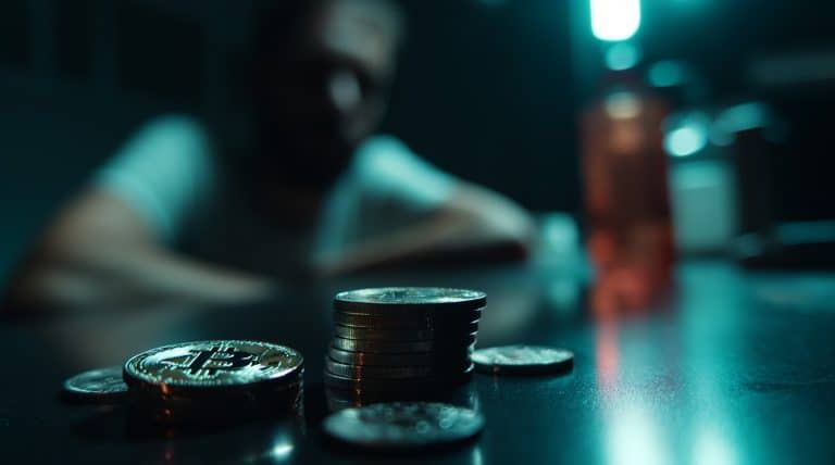 Moedas de Bitcoin em frente a homem com rosto borrado. Fonte: Midjourney.
