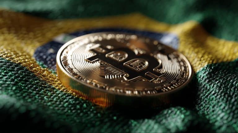 Moeda de Bitcoin sobre bandeira do Brasil. Fonte: Midjourney.