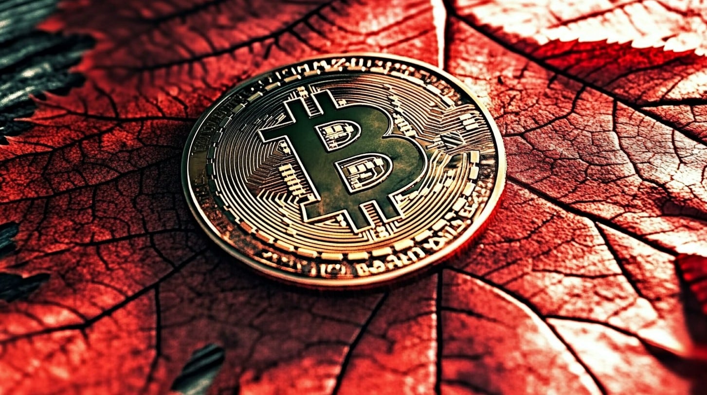 Bitcoin sobre folha vermelha. Fonte: Midjourney.