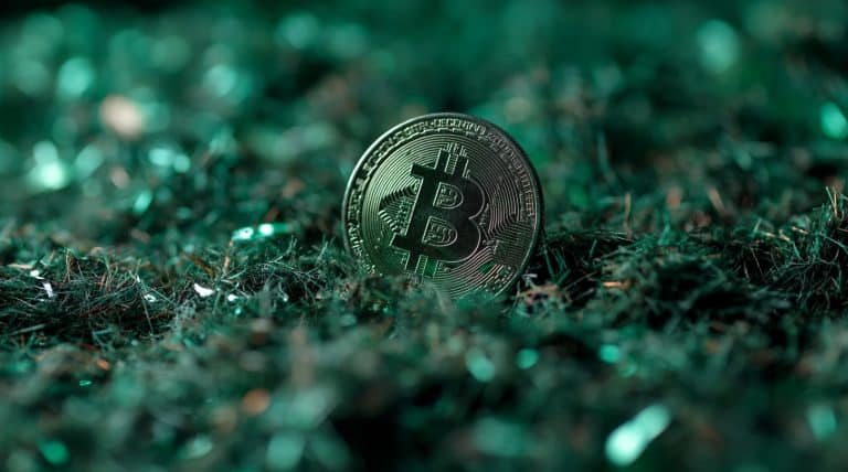 Moeda de Bitcoin sobre grama verde, simbolizando alta. Fonte: Midjourney.