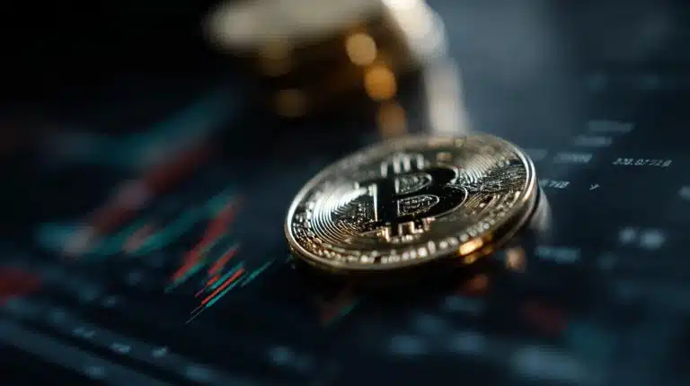 Moeda de Bitcoin em foco. Fonte: Midjourney.