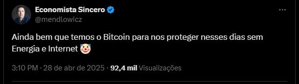 Economista Sincero fala sobre uso do Bitcoin em momento de blecaute. Fonte: X.