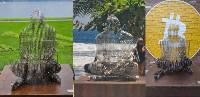 Estátuas de Satoshi Nakamoto na Suíça, El Salvador e Japão. Fonte: Satoshigallery/Reprodução.
