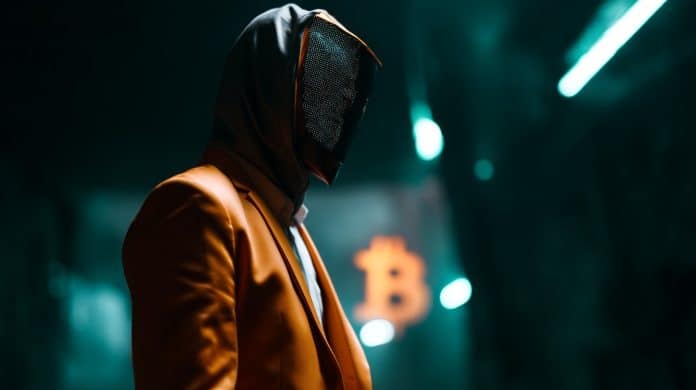 Investidor anônimo frente a simbolo de Bitcoin. Fonte: Midjourney.
