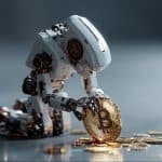 Robô de joelhos para moeda de Bitcoin. Fonte: Midjourney.