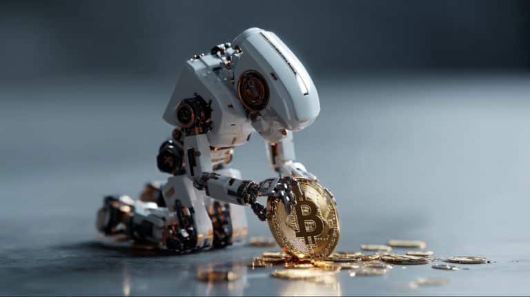 Robô de joelhos para moeda de Bitcoin. Fonte: Midjourney.