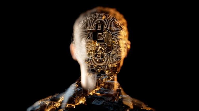 Rosto tapado por moeda de Bitcoin, simbolizando Satoshi Nakamoto. Fonte: Midjourney.