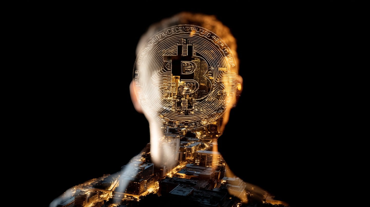 Rosto tapado por moeda de Bitcoin, simbolizando Satoshi Nakamoto. Fonte: Midjourney.