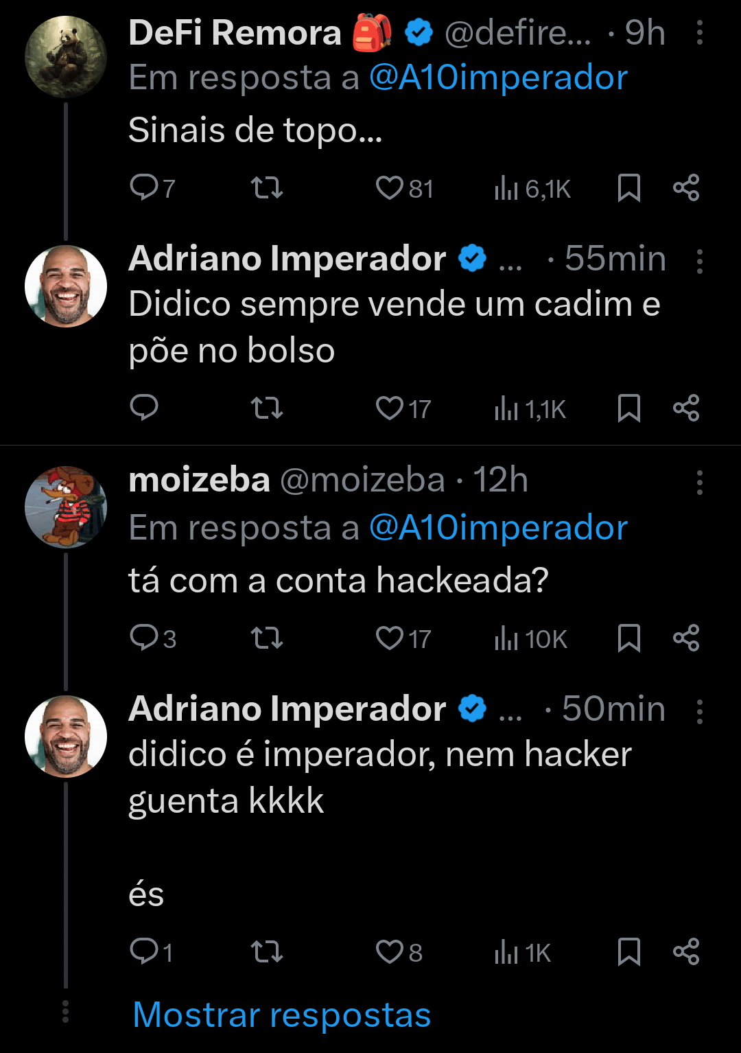 Adriano Imperador interage com seguidores em comentários sobre alta do bitcoin