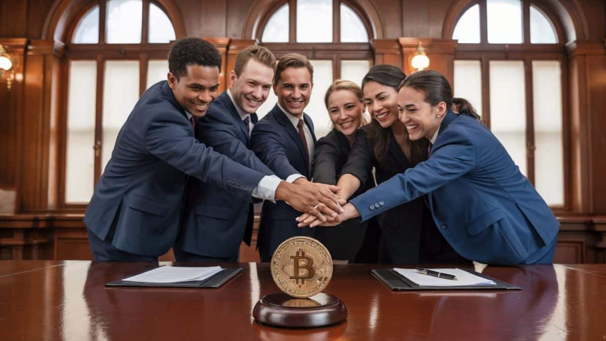 Advogados comemorando vitória em caso de bitcoin nos EUA