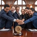 Advogados comemorando vitória em caso de bitcoin nos EUA