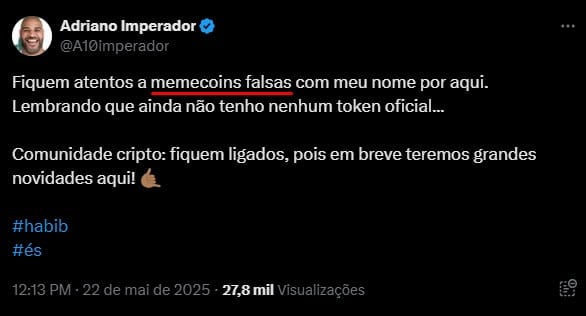 Após alerta de memecoins falsas com seu nome, Adriano Imperador prometeu novidades para fãs