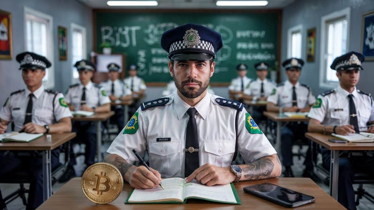 Aula de policiais estudando sobre bitcoin