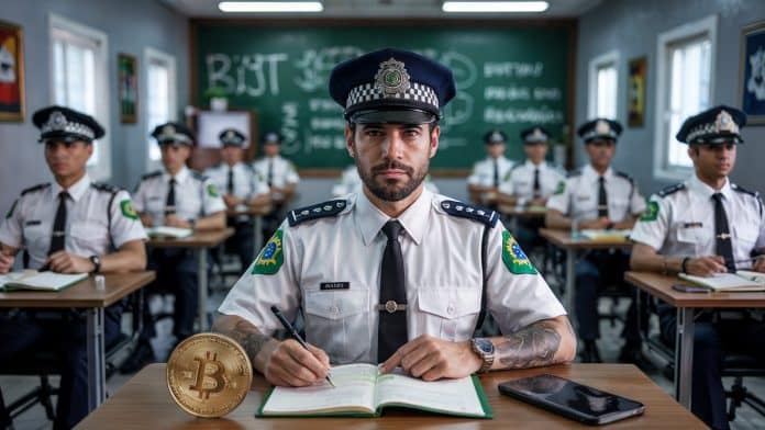 Aula de policiais estudando sobre bitcoin