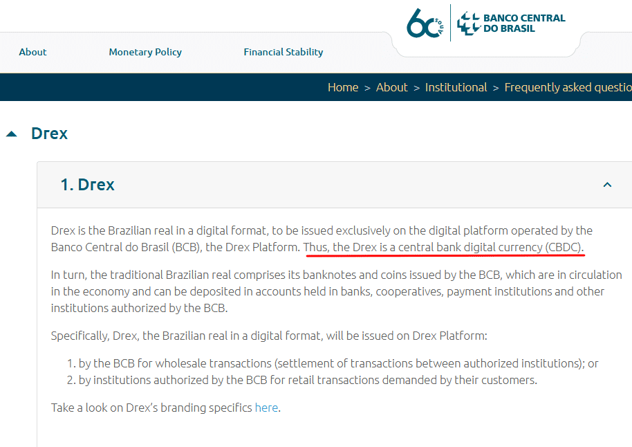 Banco Central do Brasil mantém escrito em seu site oficial que o Drex é uma moeda digital de banco central
