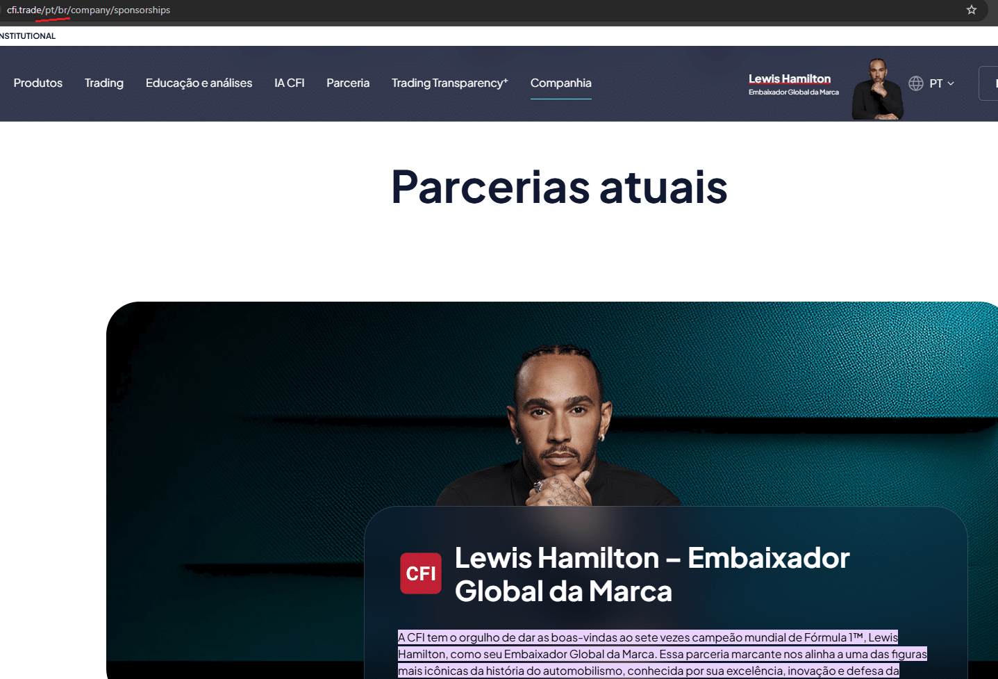 CFI apresenta Lewis Hamilton como embaixador da marca, patrocina o clube Milan e era parceira do PSG na temporada 2023 e 2024 corretora de criptomoedas