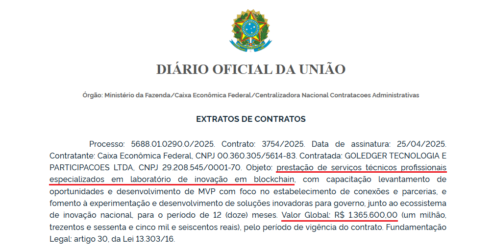 Contrato da Caixa Econômica Federal com empresa prevê MPV de blockchain