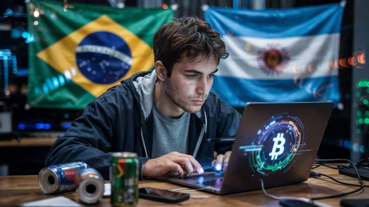 Homem mexendo em computador com símbolo do bitcoin e bandeiras do Brasil e Argentina ao fundo