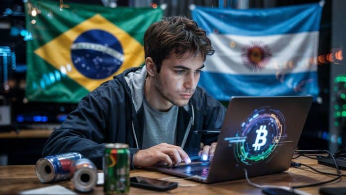 Homem mexendo em computador com símbolo do bitcoin e bandeiras do Brasil e Argentina ao fundo