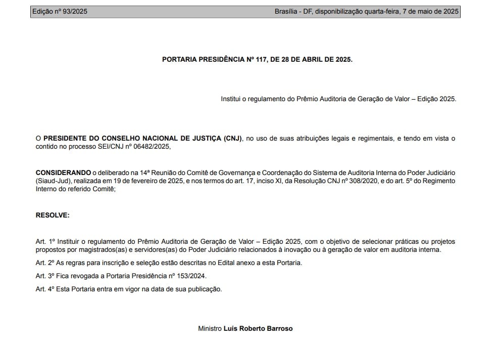 Ministro Barroso assina portaria para prêmio de inovação ligado ao CNJ