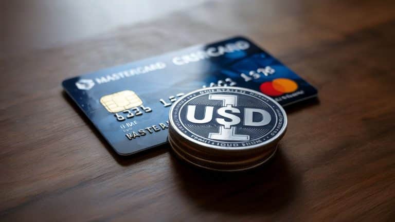 Moeda de um dólar próxima de cartão da MasterCard