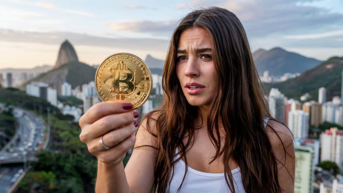 Mulher preocupada ao olhar para bitcoin