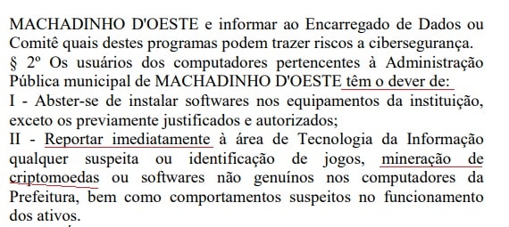 Município brasileiro de Rondônia, Machadinho D'Oeste proíbe mineração de criptomoedas em suas instalações e diz que servidores têm o dever de denunciar caso encontrem