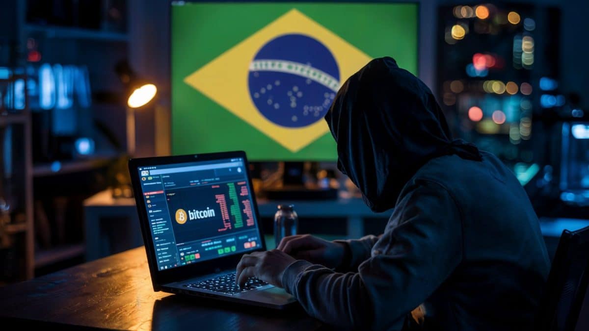 Pessoa encapuzada em um site suspeito de negociação de bitcoin, bandeira do Brasil ao fundo