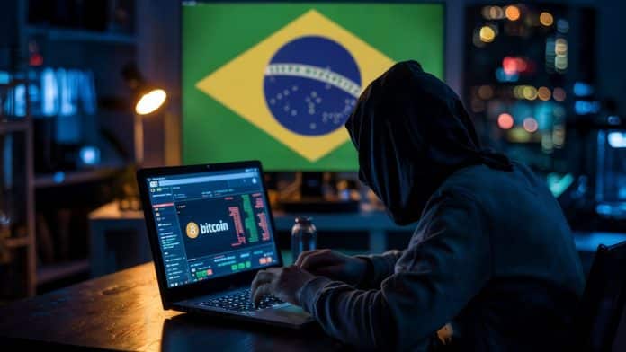 Pessoa encapuzada em um site suspeito de negociação de bitcoin, bandeira do Brasil ao fundo