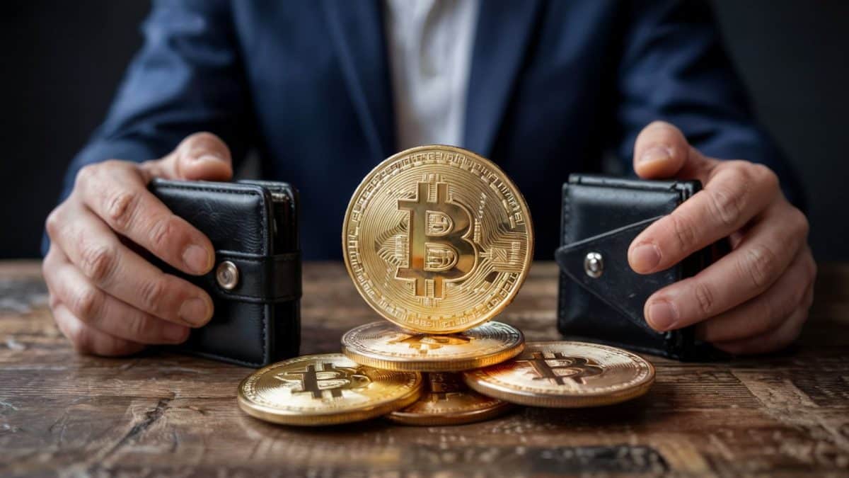 Pessoa segurando carteiras próximo de imagens de bitcoin