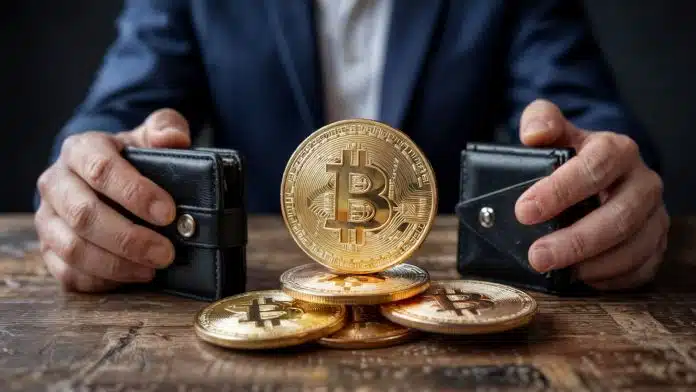Pessoa segurando carteiras próximo de imagens de bitcoin