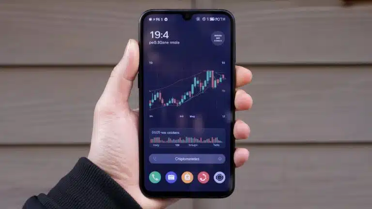 Pessoa segurando celular com cotação de criptomoedas golpe
